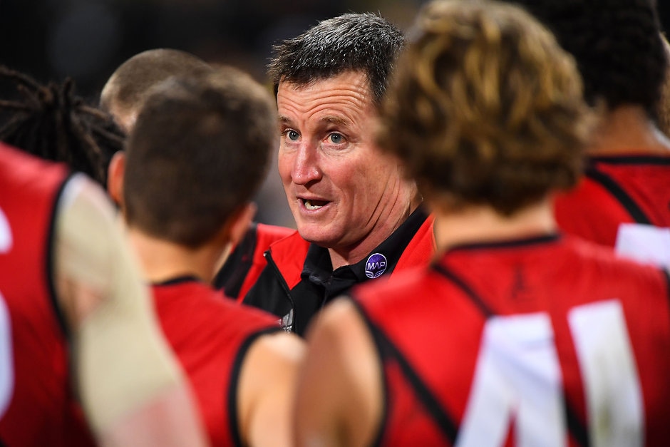 AFL 2016 Rd 15 - West Coast v Essendon PERTH, AUSTRALIA - JUNE 30: John Worsfold, coach of the Bombers addresses the team at three quarter time during the 2016 AFL Round 14 match between the West Coast Eagles and the Essendon Bombers at Domain Stadium on June 30, 2016 in Perth, Australia. (Photo by Daniel Carson/AFL Media)